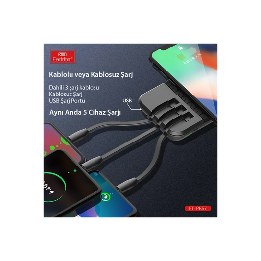Earldom PB57 10.000 mAh 5in1 Kablosuz Şarjlı PD Hızlı Şarj Powerbank - Siyah