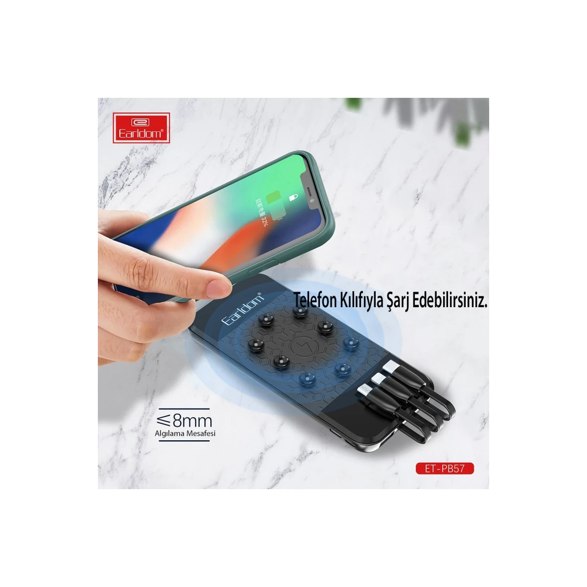 Earldom PB57 10.000 mAh 5in1 Kablosuz Şarjlı PD Hızlı Şarj Powerbank - Siyah