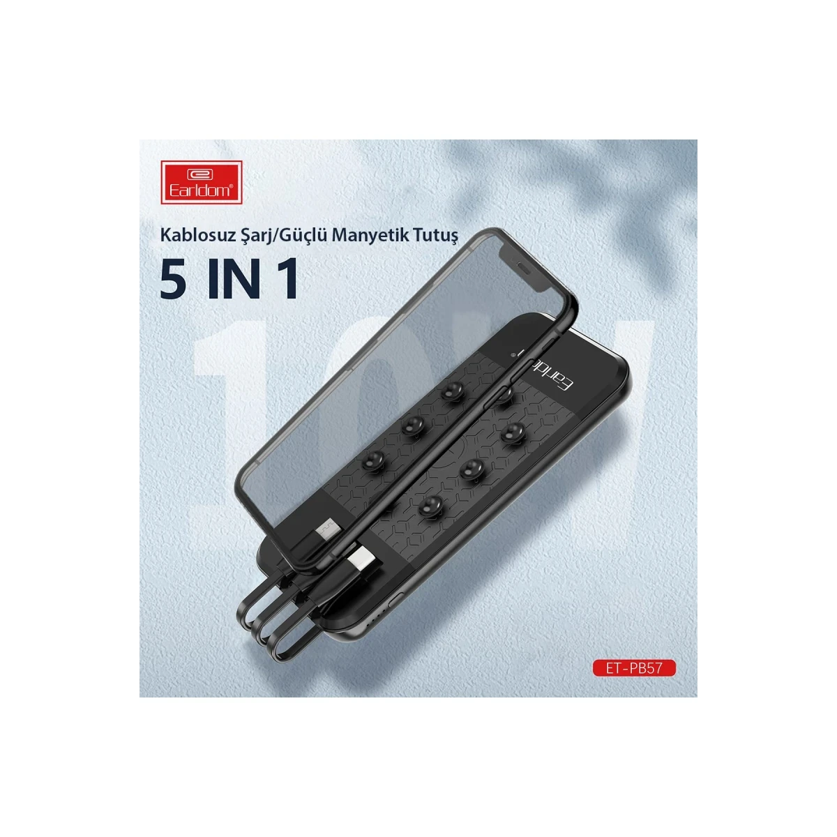 Earldom PB57 10.000 mAh 5in1 Kablosuz Şarjlı PD Hızlı Şarj Powerbank - Siyah