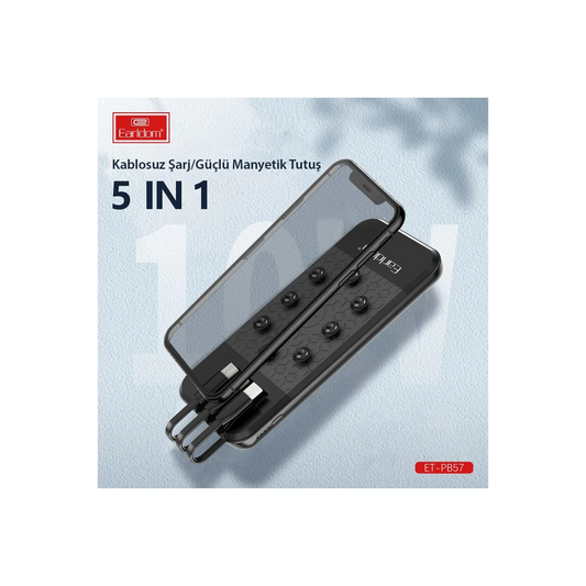 Earldom PB57 10.000 mAh 5in1 Kablosuz Şarjlı PD Hızlı Şarj Powerbank - Siyah