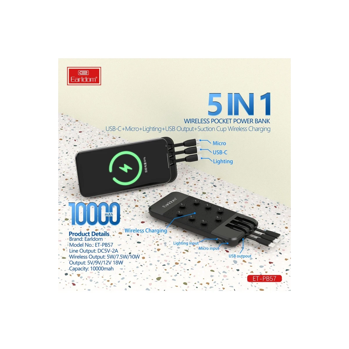 Earldom PB57 10.000 mAh 5in1 Kablosuz Şarjlı PD Hızlı Şarj Powerbank - Siyah