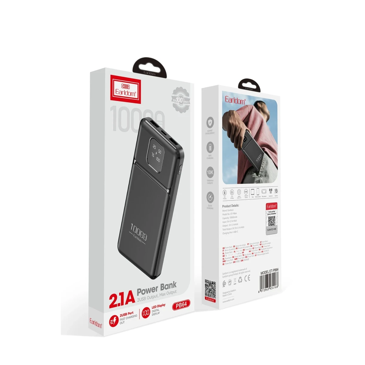 Earldom PB64 10.000 mAh 2 Adet 10W USB Çıkışlı Dijital Göstergeli Powerbank - Siyah