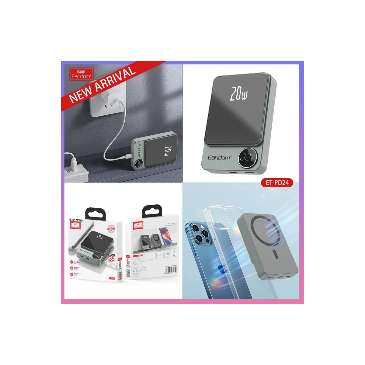 Earldom PD24 10.000 mAh 20W Kablosuz Şarjlı PD Hızlı Şarj Mini Powerbank - Gri