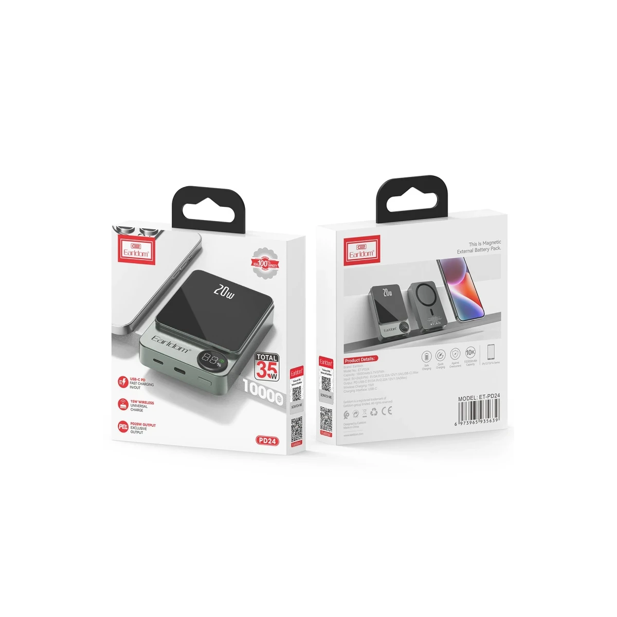 Earldom PD24 10.000 mAh 20W Kablosuz Şarjlı PD Hızlı Şarj Mini Powerbank - Gri