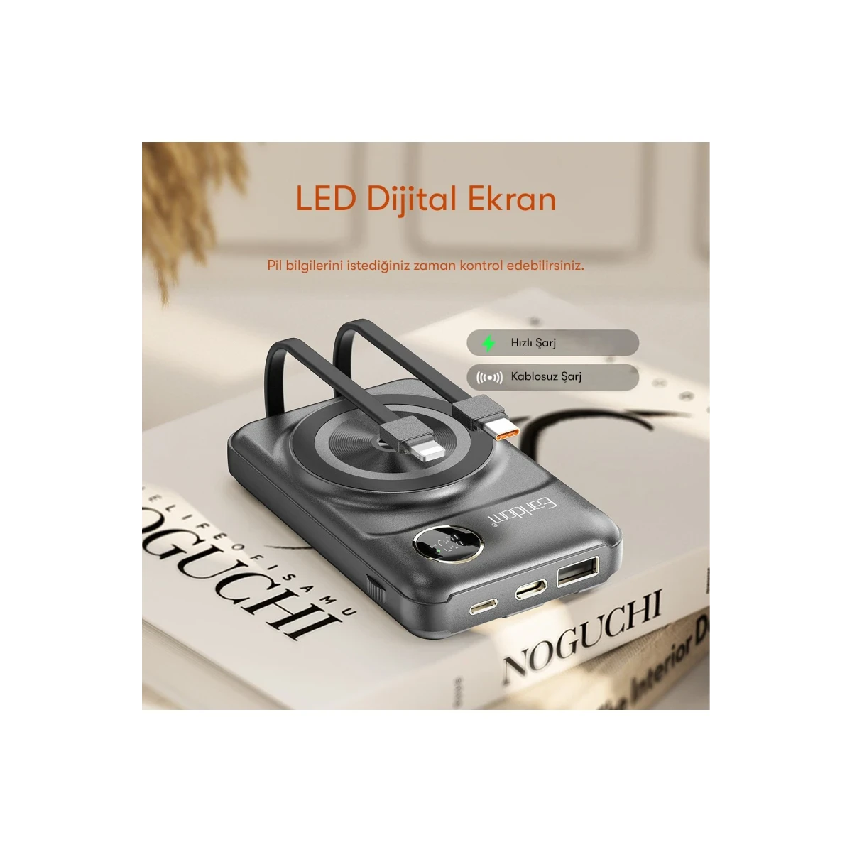 Earldom PD28 10.000 mAh 22.5W Kablosuz Şarjlı Dijital Göstergeli PD Hızlı Şarj Mini Powerbank - Mor