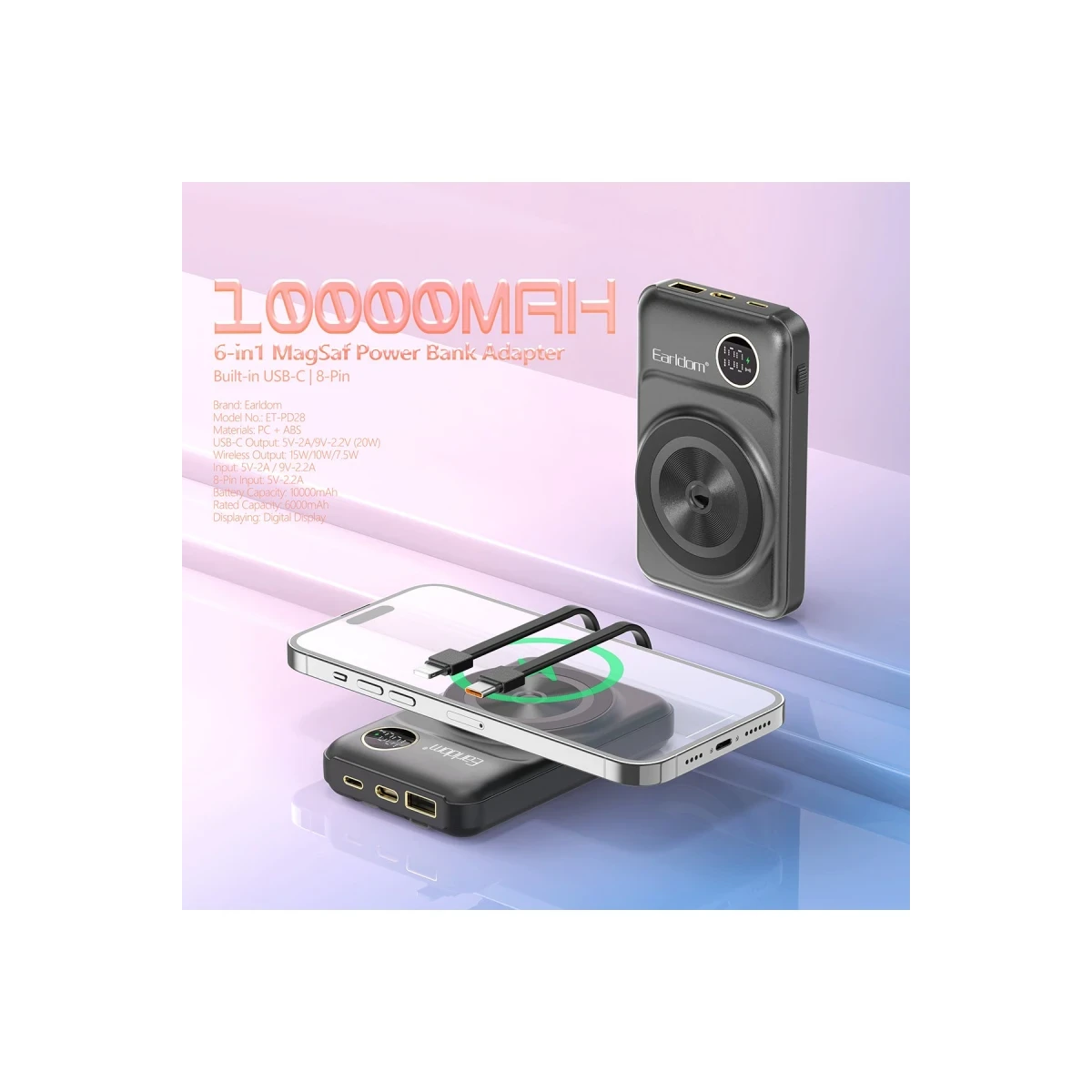Earldom PD28 10.000 mAh 22.5W Kablosuz Şarjlı Dijital Göstergeli PD Hızlı Şarj Mini Powerbank - Mor