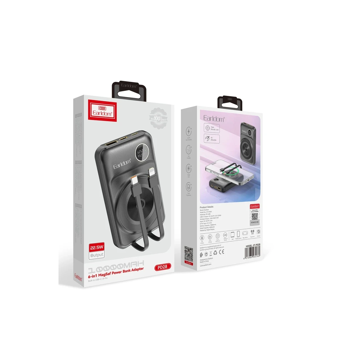 Earldom PD28 10.000 mAh 22.5W Kablosuz Şarjlı Dijital Göstergeli PD Hızlı Şarj Mini Powerbank - Mor