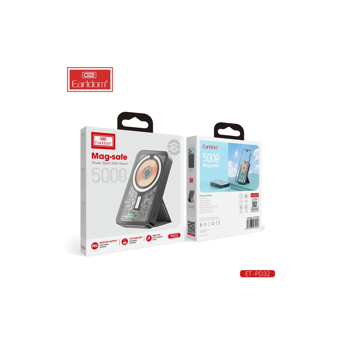 Earldom PD32 5.000 mAh 22.5W Kablosuz Şarjlı Standlı PD Hızlı Şarj Powerbank - Beyaz