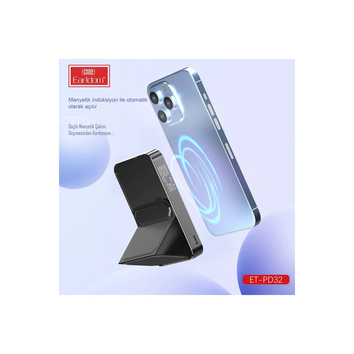 Earldom PD32 5.000 mAh 22.5W Kablosuz Şarjlı Standlı PD Hızlı Şarj Powerbank - Beyaz