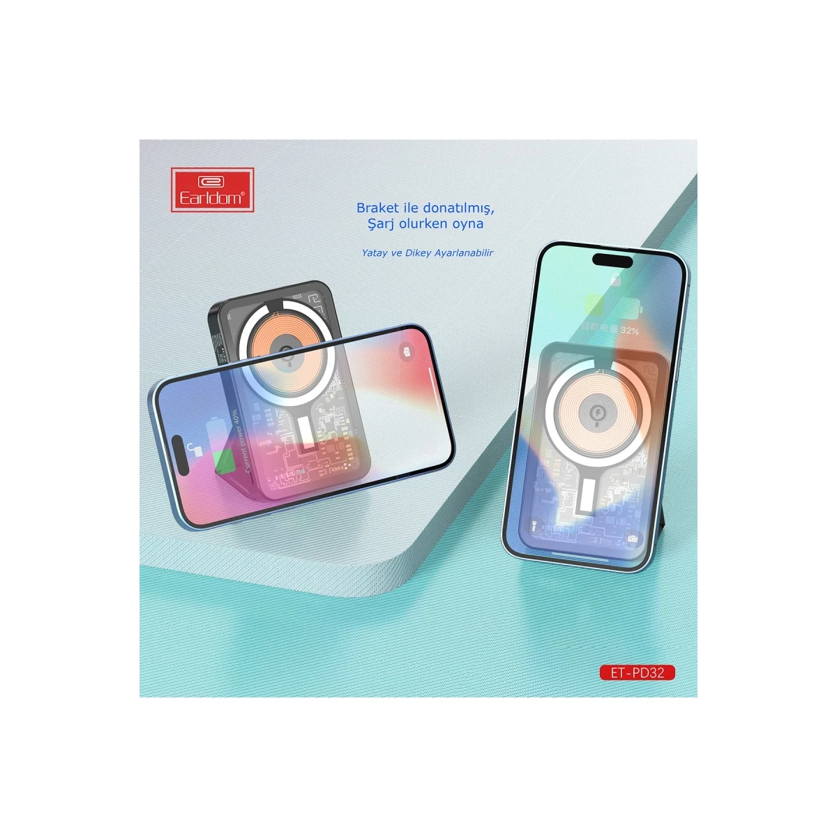 Earldom PD32 5.000 mAh 22.5W Kablosuz Şarjlı Standlı PD Hızlı Şarj Powerbank - Beyaz