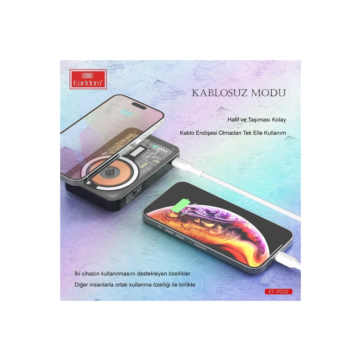 Earldom PD32 5.000 mAh 22.5W Kablosuz Şarjlı Standlı PD Hızlı Şarj Powerbank - Beyaz