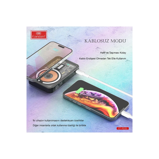 Earldom PD32 5.000 mAh 22.5W Kablosuz Şarjlı Standlı PD Hızlı Şarj Powerbank - Beyaz