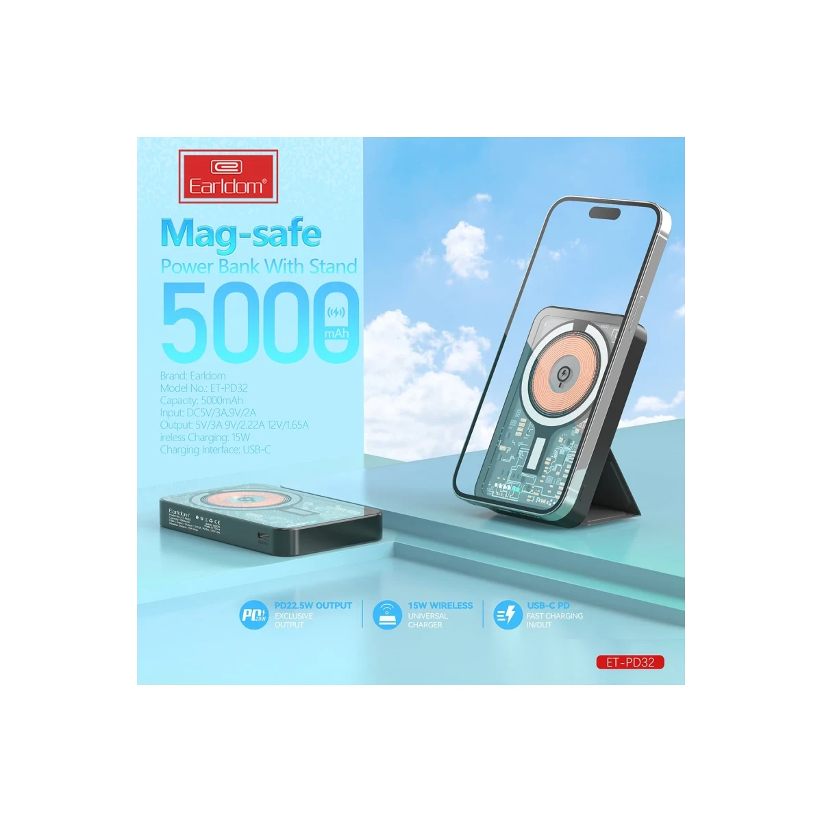 Earldom PD32 5.000 mAh 22.5W Kablosuz Şarjlı Standlı PD Hızlı Şarj Powerbank - Beyaz
