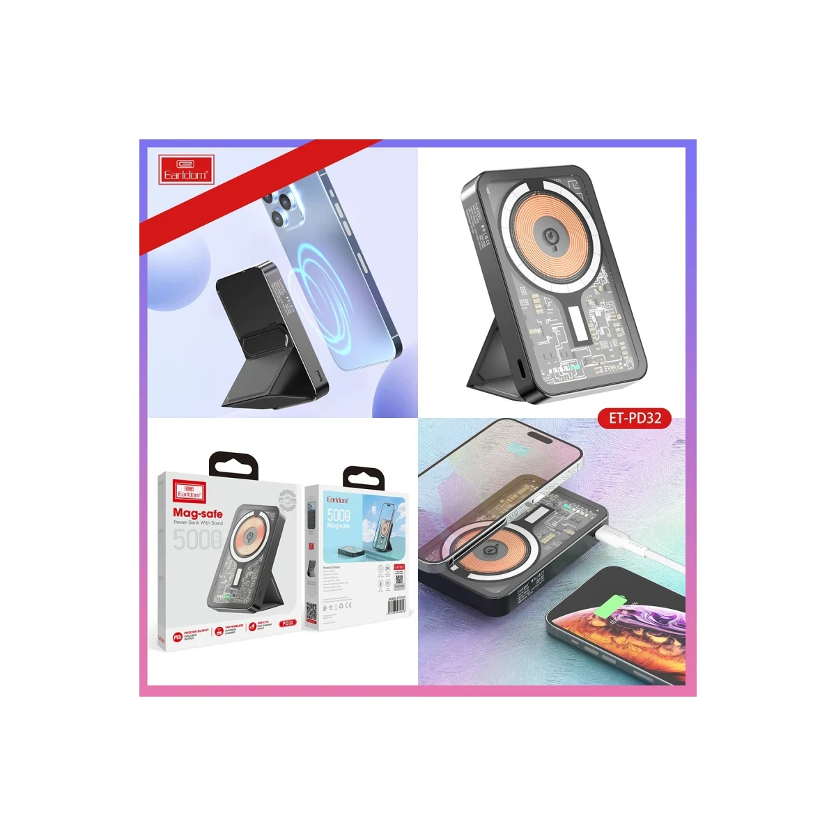 Earldom PD32 5.000 mAh 22.5W Kablosuz Şarjlı Standlı PD Hızlı Şarj Powerbank - Beyaz