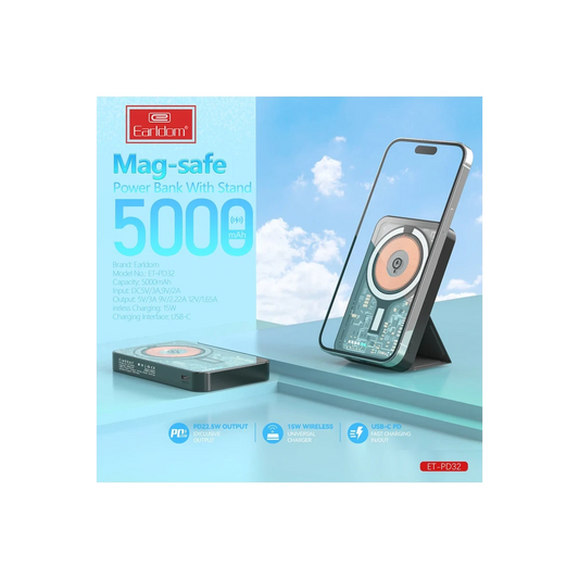 Earldom PD32 5.000 mAh 22.5W Kablosuz Şarjlı Standlı PD Hızlı Şarj Powerbank - Siyah