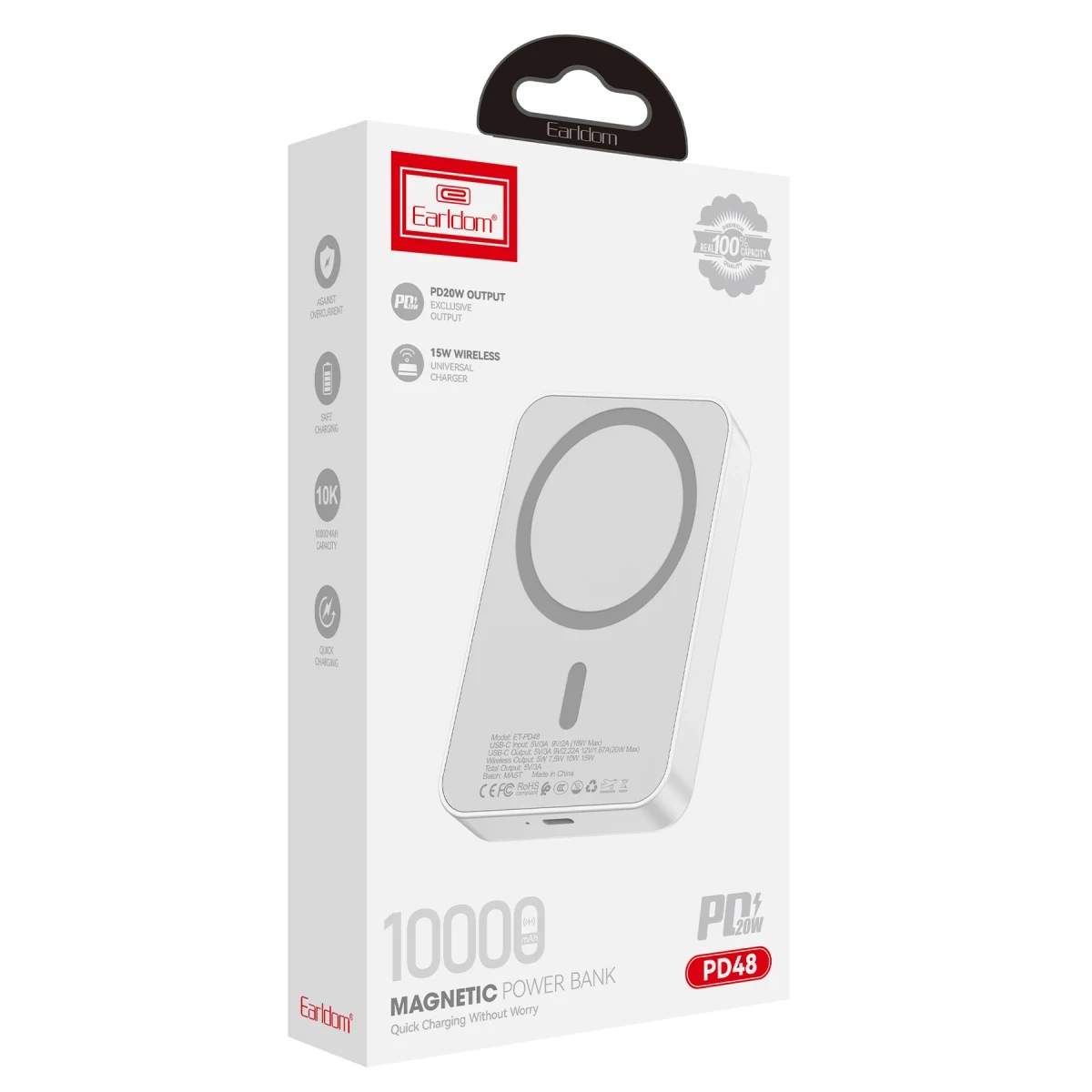 Earldom PD48 10.000 mAh 15W Kablosuz Şarj ve 20W Type-C Çıkışlı PD Hızlı Şarj Powerbank - Beyaz