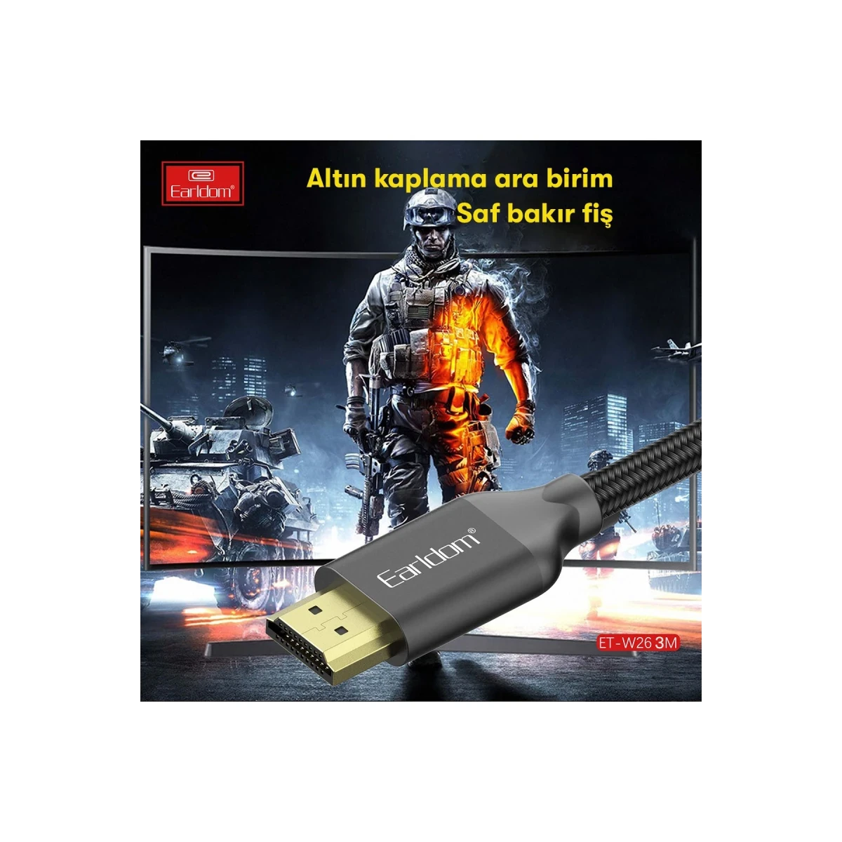 Earldom W26 3M 4K Altın Uçlu Hasır HDMI Kablo - Siyah