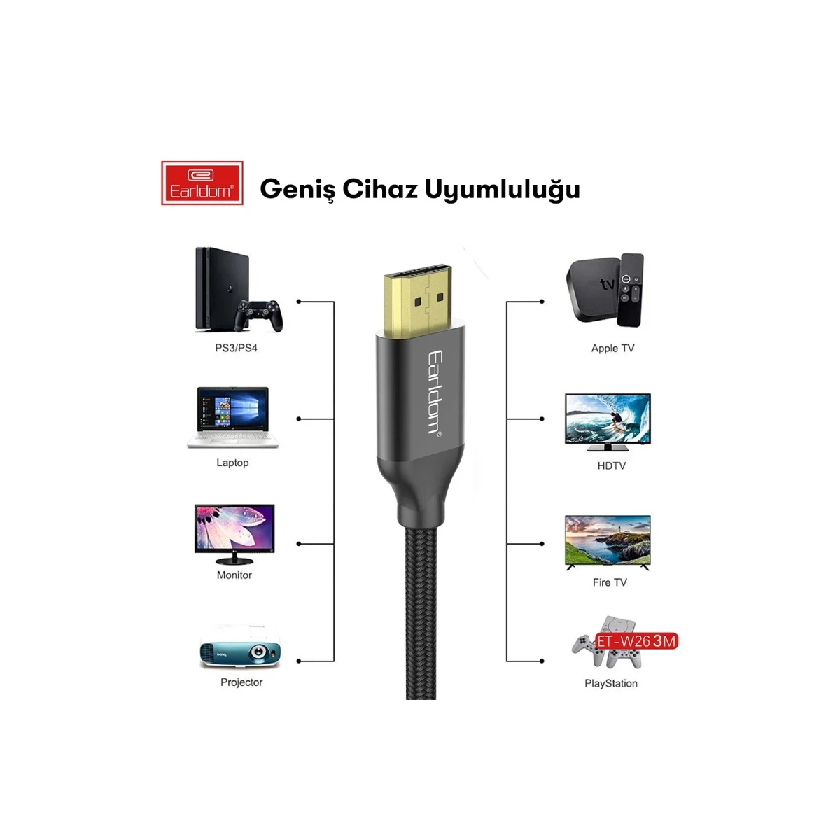 Earldom W26 3M 4K Altın Uçlu Hasır HDMI Kablo - Siyah