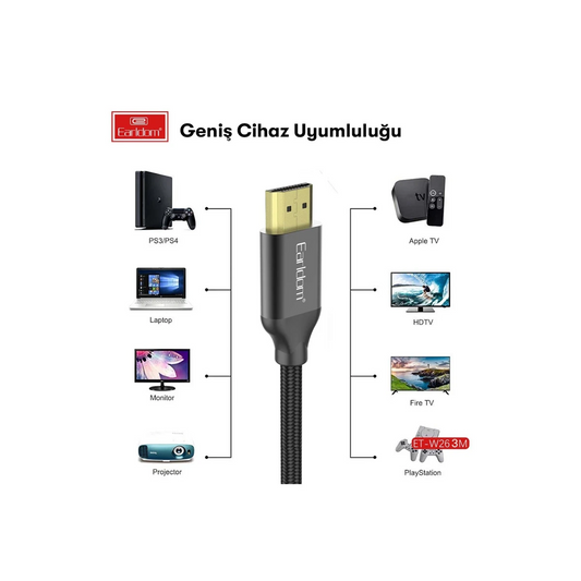 Earldom W26 3M 4K Altın Uçlu Hasır HDMI Kablo - Siyah