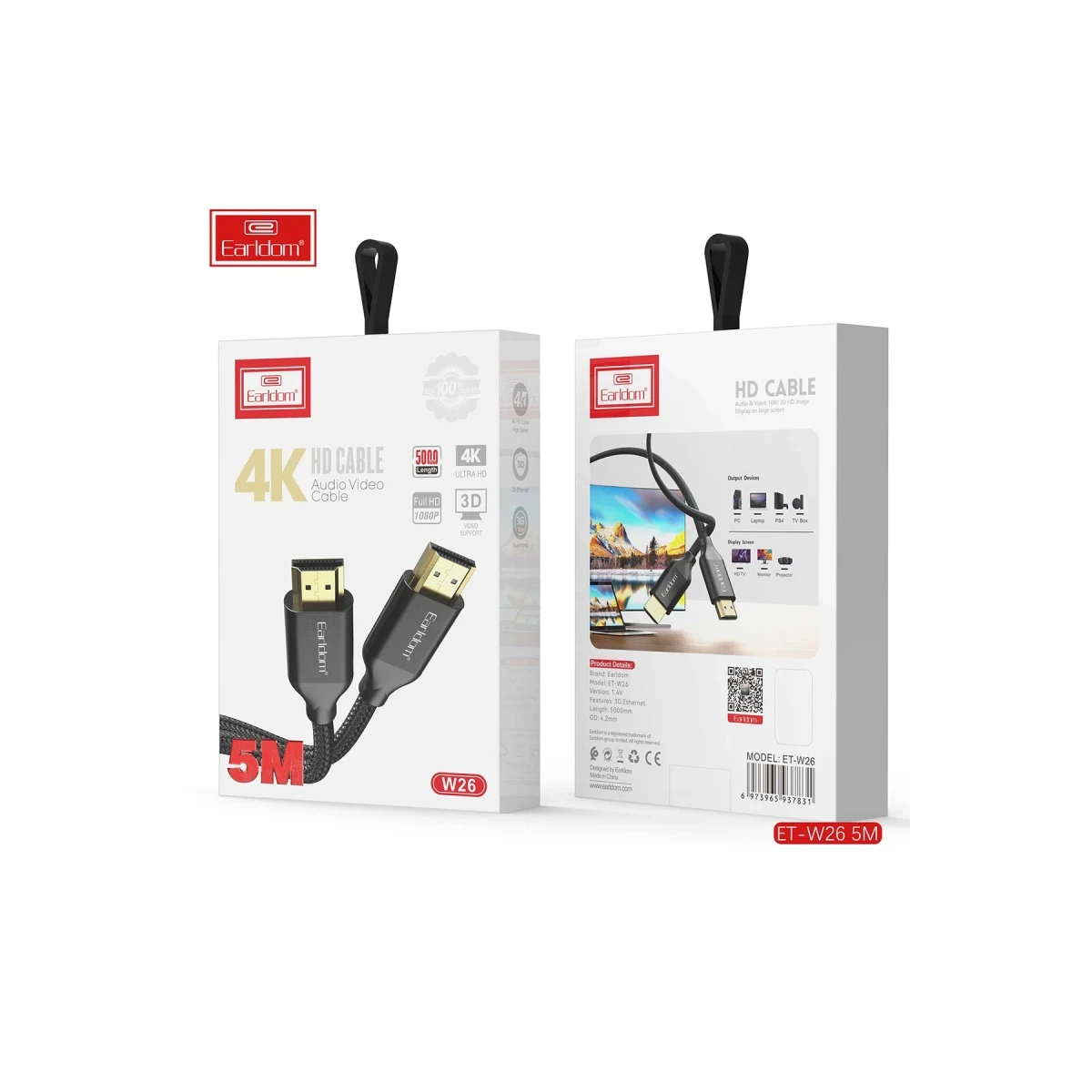 Earldom W26 5M 4K Altın Uçlu Hasır HDMI Kablo - Siyah