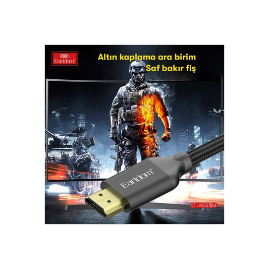 Earldom W26 5M 4K Altın Uçlu Hasır HDMI Kablo - Siyah