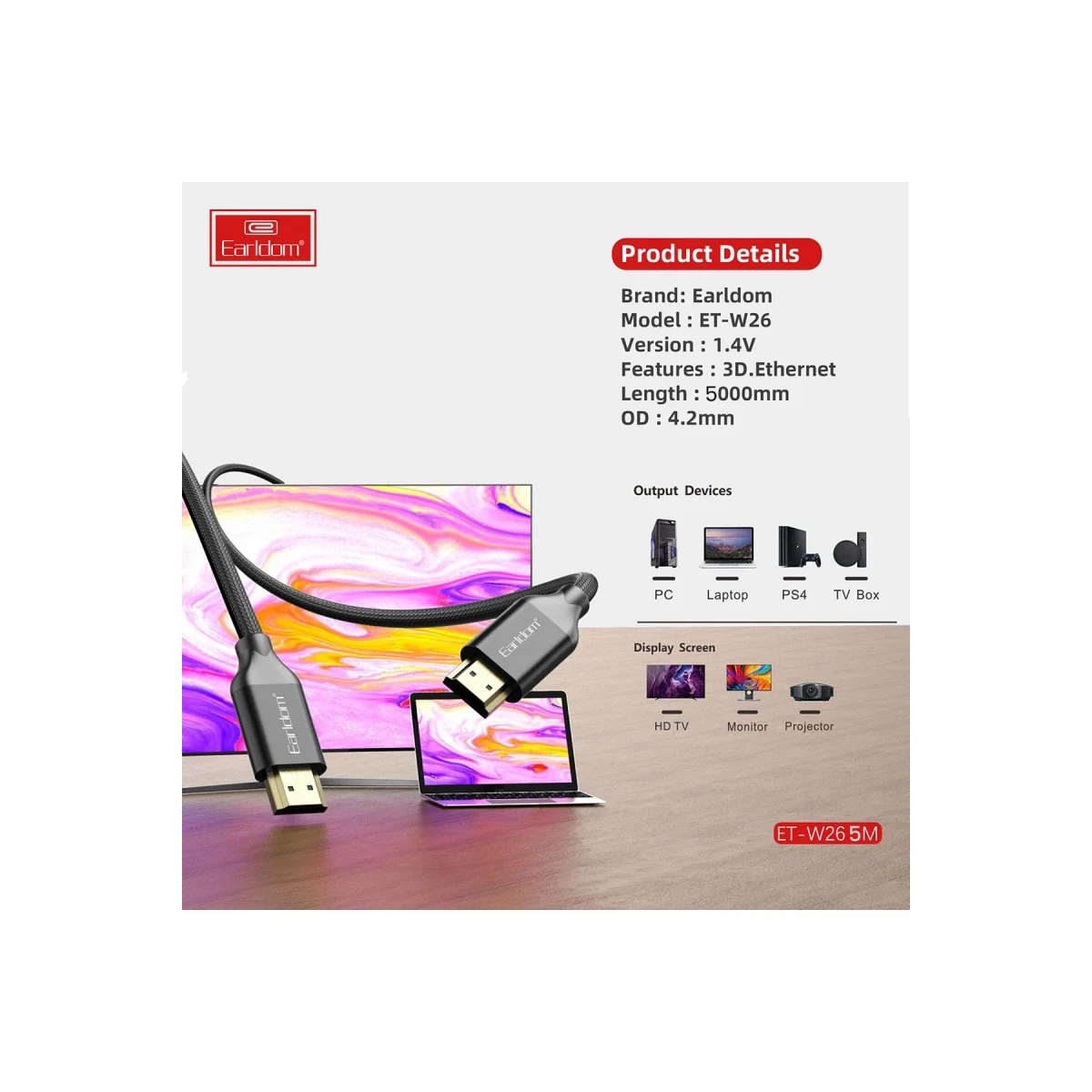 Earldom W26 5M 4K Altın Uçlu Hasır HDMI Kablo - Siyah