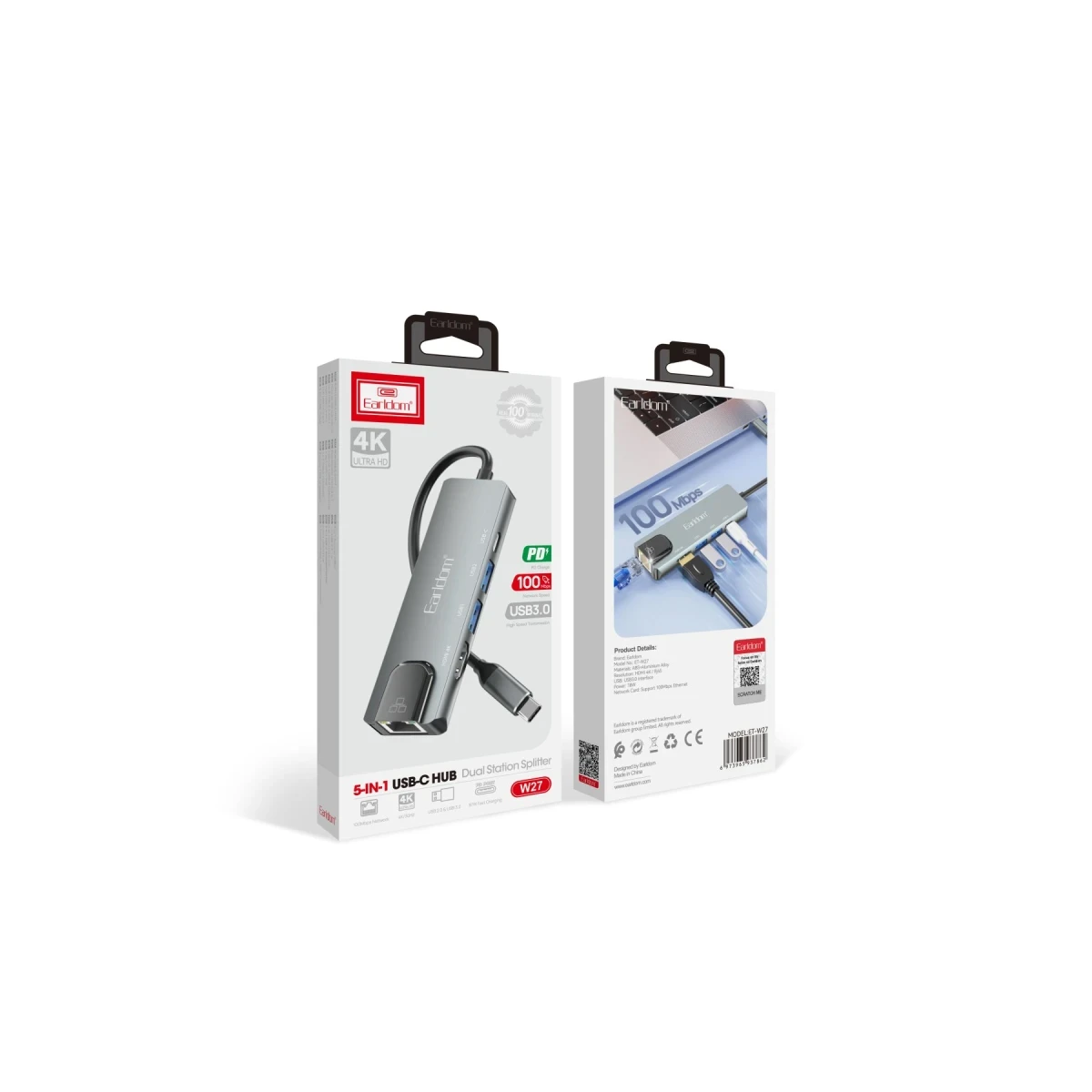 Earldom W27 5in1 1 Adet 4K HDMI / 2 Adet USB / 1 Adet Type-C Çıkışlı / 1 Adet RJ45 100 Mbps Ethernet Çıkışlı Type-C Girişli Hub Dönüştürücü - Gri
