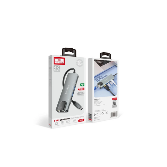 Earldom W27 5in1 1 Adet 4K HDMI / 2 Adet USB / 1 Adet Type-C Çıkışlı / 1 Adet RJ45 100 Mbps Ethernet Çıkışlı Type-C Girişli Hub Dönüştürücü - Gri