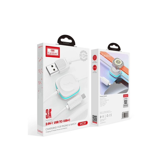Earldom WC39 1.2M 15W Usb to Type-C ve 2.5W Kablosuz Saat Şarj Çıkışlı 2in1 Hızlı Şarj Kablosu - Beyaz