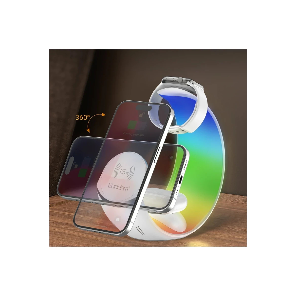 Earldom WC55 4in1 15W Telefon Saat ve Airpods İçin RGB Kablosuz Şarj Standı - Beyaz