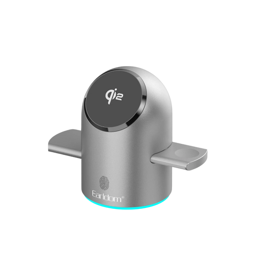 Earldom WC76 3in1 15W Telefon 2.5W Saat ve 5W Airpods İçin Dönebilen Kablosuz Şarj Standı - Gri