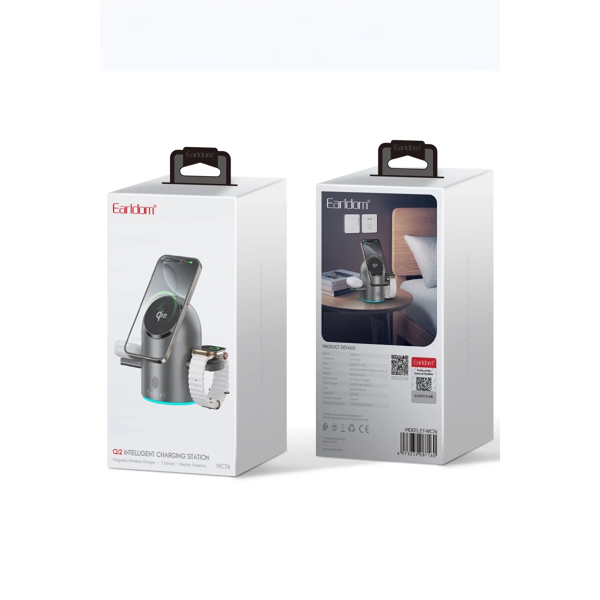 Earldom WC76 3in1 15W Telefon 2.5W Saat ve 5W Airpods İçin Dönebilen Kablosuz Şarj Standı - Gri