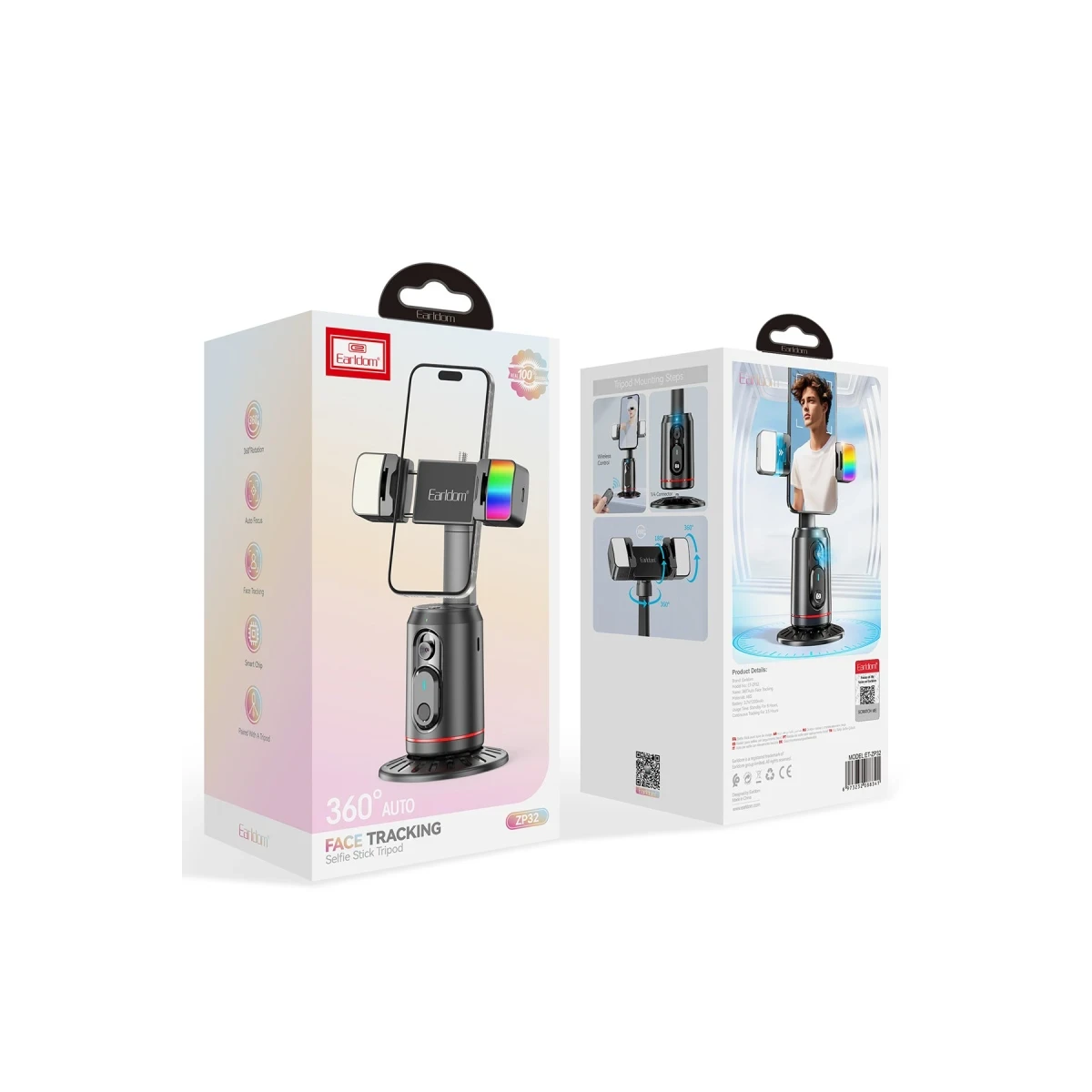 Earldom ZP32 360 Derece Ayarlanabilir BT 5.2 RGB Işık ve Beyaz Işık Aydınlatmalı Akıllı Yüz Takip Özellikli Selfie Gimbal - Siyah